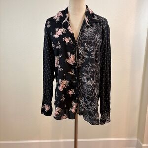 Cino Button Down Shirt Womens XL Black Floral Rose Roll Tab Mixed Print Coastal